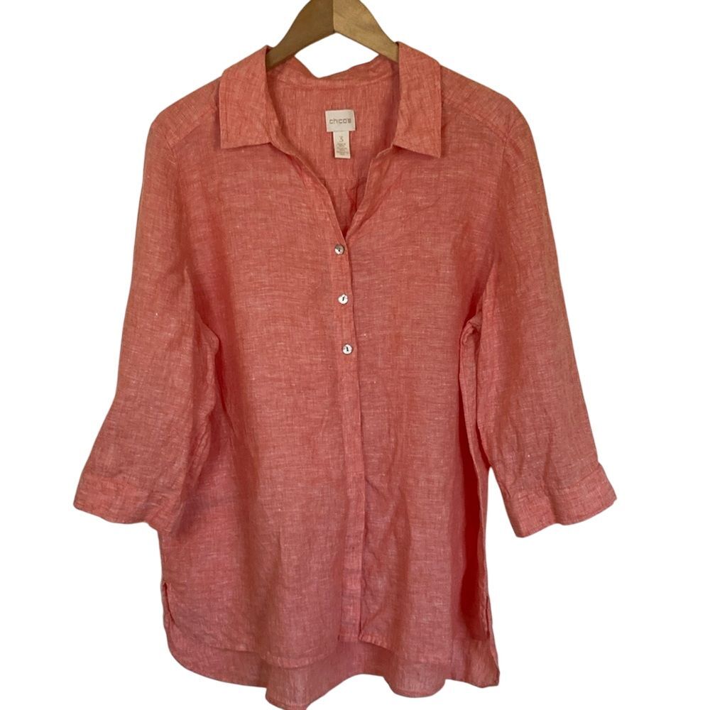 Chicos Womens 100% Linen Tunic Blouse Size‎ XL Orange 3/4 Sleeve Summer
